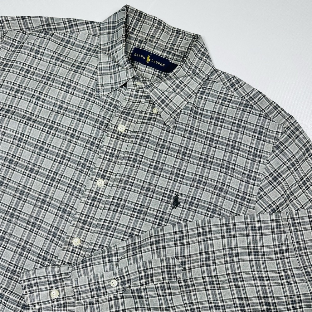 Ralph Lauren Plaid Button Down Men L Gray Classic Fit Barrel Cuffs Pony‎